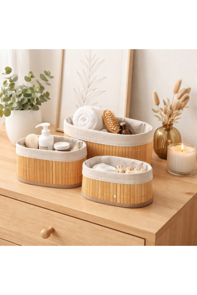 CHEMDLE 3’lü Bambu Hasır Düzenleyici Sepet Seti – Bez Astarlı Dekoratif Sakla...