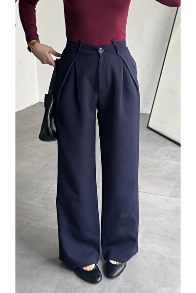 asfamoda Women's Navy Blue High Waist Pleated Fabric Trousers Wide Leg Loose ...