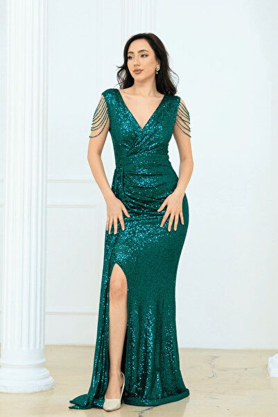 BEYBOS Φόρεμα με παγιέτες με χάντρες με φούντα ώμου - ΣΜΑΡΔΙΝΟ ΠΡΑΣΙΝΟ