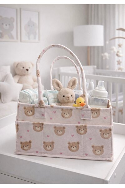 CERTIVA Kids Pembe Ayıcık Desenli Bebek Organizer Çantası Çok Bölmeli Bebek Bezi Düzenleyici