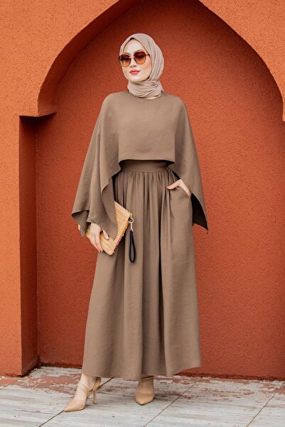 Tesettür Çarşım Aris Modal Krep Pelerin Elbise-Kahve