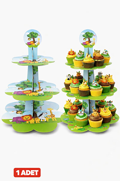 Baloncu Dede Safari Hayvanlar Cupcake Standı 3 Katlı – Jungle Temalı Kek ve C...
