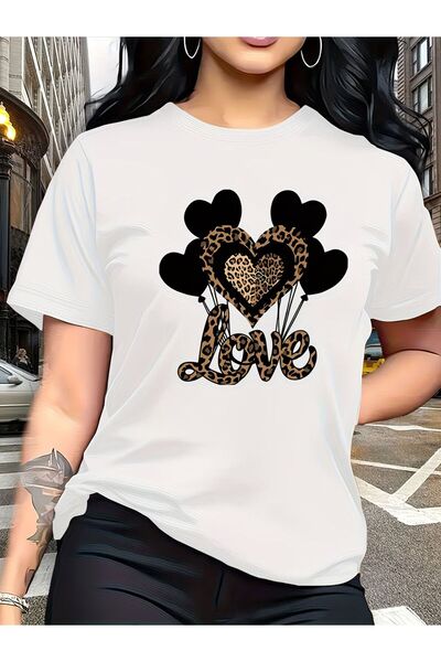 LELVANİ Women Leopard and Love Heart Balloon Printed Tshirt