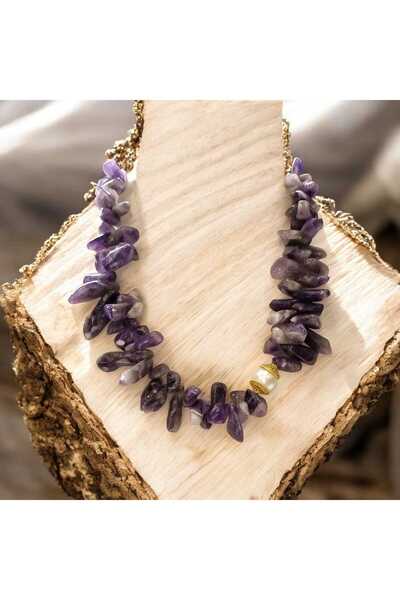 SUGÜLİNSHOP & HANDMADE JEWELRY Antialerjen Altınkaplama İnci Aparatlı Doğal Kesim Ametist Taşı Kolye