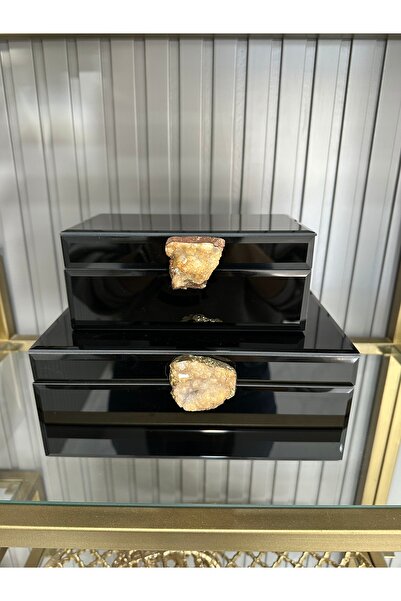 Erden Home Design 2'Lİ CAM KUTU DOĞAL TAŞ SIYAH DEKORATİF OBJE