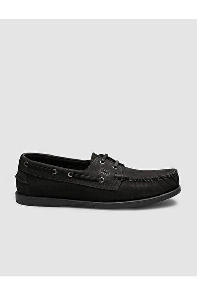 Cabani Matte Black Genuine Leather Lace-Up Loafer Shoes