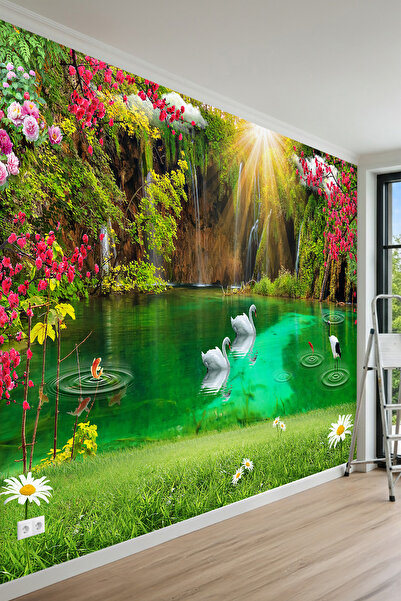 MİRAZAWALL Işık Hüzmeli Şelale ve Zümrüt Göl Manzaralı Tek Parça Tekstil Duva...