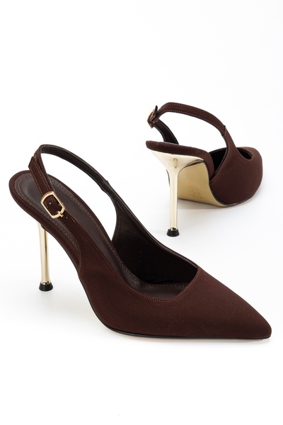 BY BERLE SHOES Women's Bitter Brown Fabric Gold Heel Detailed Open Back Heele...