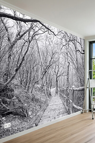 MİRAZAWALL Siyah Beyaz Orman Merdiven 3 Boyutlu Tek Parça Tekstil Duvar Kağıdı