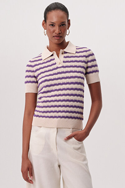 Exquise Polo Collar Short Sleeve Striped Regular Knitwear Blouse