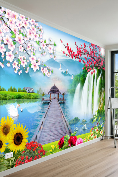 MİRAZAWALL Şelale ve İskele Manzaralı Çiçekli Tek Parça Tekstil Duvar Kağıdı