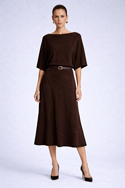 kikiriktekstil 10972 Women's Cotton Boat Neck Belted Knitwear Dress