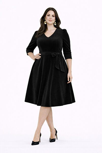 RURIS Women's Black Velvet Three Quarter Sleeve V-Neck Belted Flared Midi Len...
