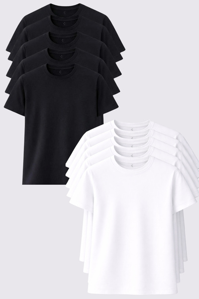 freemen Men's 10-Piece White-Black T-Shirt Pack, 30/1 Single Jersey 100% Cott...