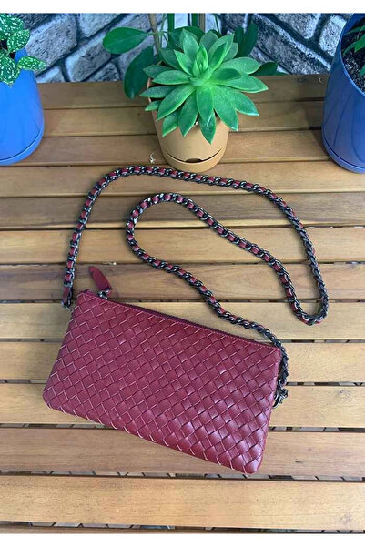 GUARD Geantă de damă din piele naturală roșie de dimensiuni mici, tricotată m...