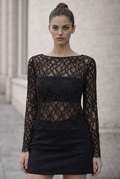 kikiriktekstil 10970 Bluză de damă cu decolteu barcă și dantelă transparentă