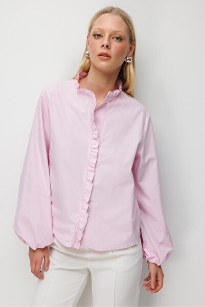 Mixray 4821 Women's Ruffled Balloon Sleeve Shirt Pink