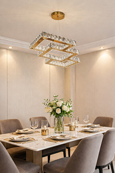 TREND 80LİK İÇ İÇE KARE YEMEK MASASI GOLD KRİSTAL AVİZE