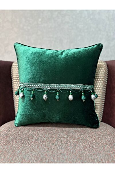 Fabricland Catifea țesută Atlas verde smarald cu mărgele și ciucuri 43x43 PĂTRAT