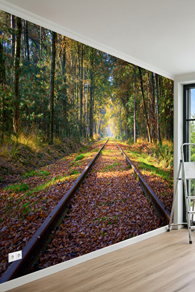 MİRAZAWALL Sonbahar Orman Tren Yolu Manzaralı Tek Parça Tekstil Duvar Kağıdı