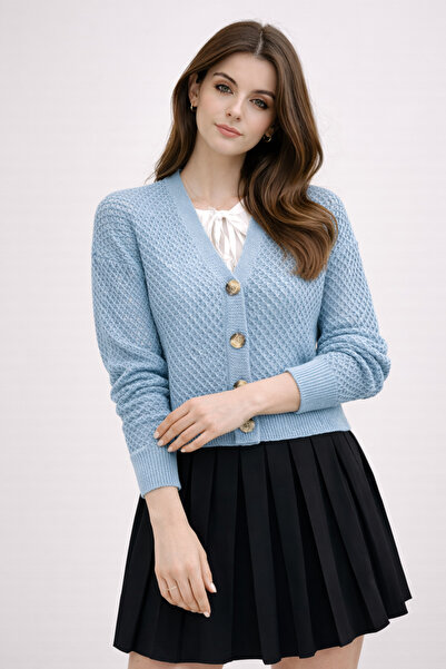 FERHEL Openwork Bone Buttoned Slit Cardigan - Baby Blue