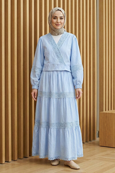 FERHEL Women's Lace Detailed Tie-Up Skirt Set with Elastic Sleeves - Baby Blue