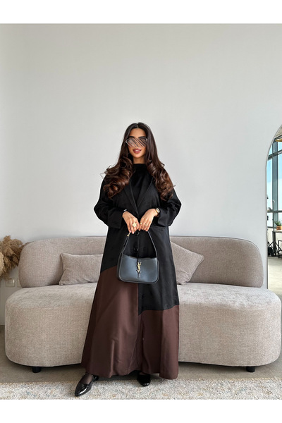 outline A luxurious Eid abaya with brown accents and soft silk jacquard - an ...