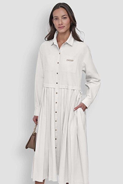 Dkny Long Sleeve Button Down Dress W/ Pleats