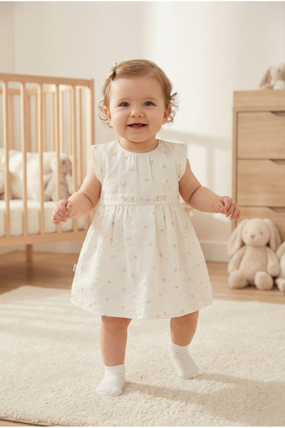 Caramell فستان للفتيات الصغيرات بنمط زهور مبطن من مزيج القطن والكتان فستان صيفي