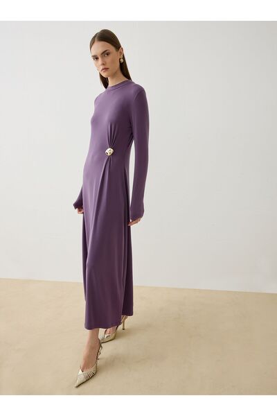 Refka Sandy Fabric Draped Detailed Buckle Hijab Dress - Lilac -