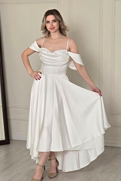 Yonca Moda Evi Ekru İnce Askılı Drapeli Elbise 4829