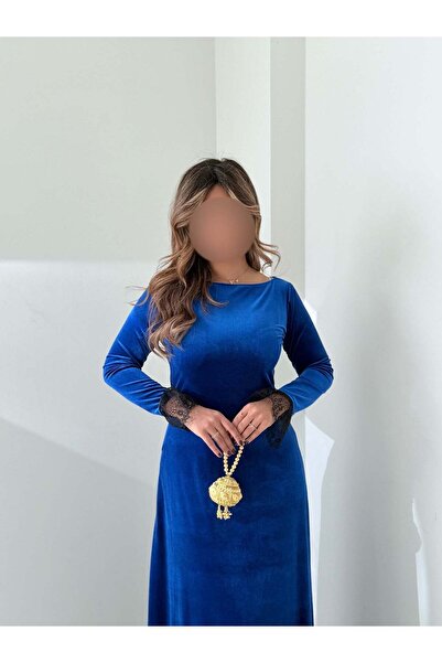 AYA MWJ034 - Navy blue stretch Velvet jalabiya with black Lace trim