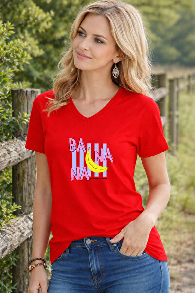 LORVEX Women's T-Shirt V-Neck Comfortable Fit Banana Printed T-Shirt