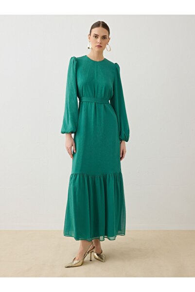 Refka Chiffon Fabric Waist-Tied Hijab Dress - Dark Green -