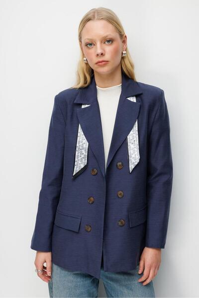 Mixray 4809 Women's Scarf Detailed Linen Blazer Jacket Navy Blue