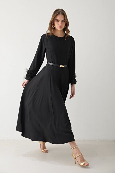 Melike Tatar Feathered Belted Dress Black 2616