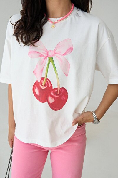 Negiysemmoda Cherry Print Detailed Crew Neck Basic T-Shirt