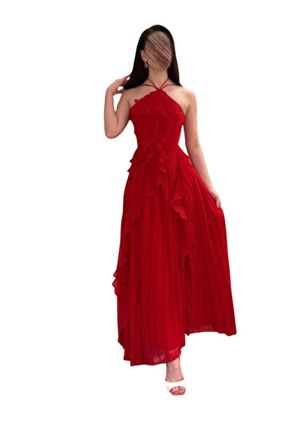 Nice Model Women Ruffled Evening Gown Halter Red Maxi Dress Chiffon Formal We...