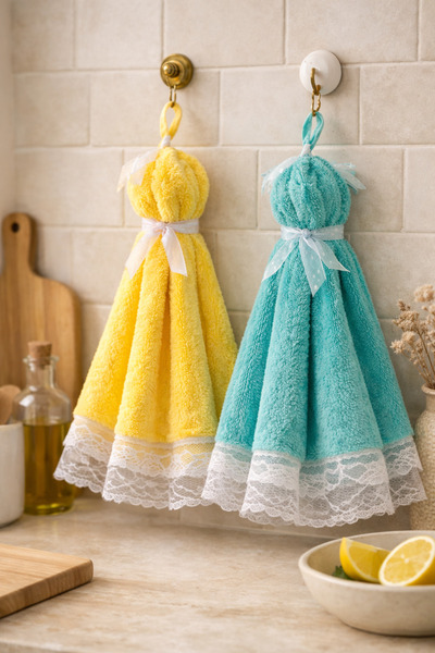 DİVAYS Set of 2 Microfiber Lace Detailed Decorative Kitchen Hand Towels with ...