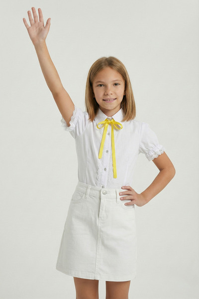 FATELLA Момичешка жълта панделка, бяла дантелена блуза, бяла ленена пола, 23 ...
