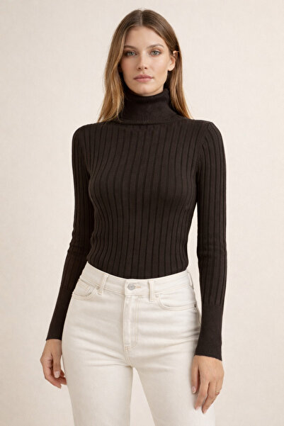 FERHEL Ribbed Knitwear Sweater Turtleneck - Dark Brown
