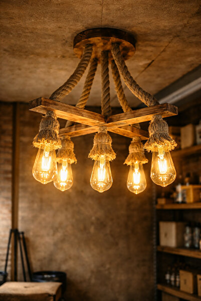 Auro home ✨ Çapraz Tasarımlı Halatlı El Yapımı Ahşap Avize – 5’li Model