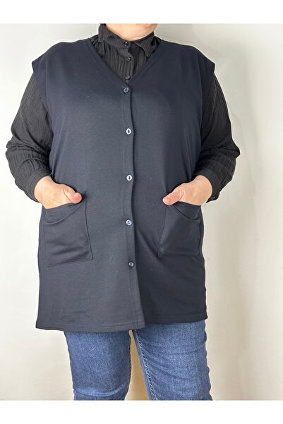 RELYA Women's Navy Blue Buttoned Double Pocket Jacquard Vest