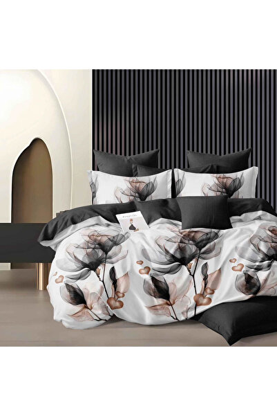 CumparaMisim Double bed linen, Finet, 6 pieces, White, Black, flowers