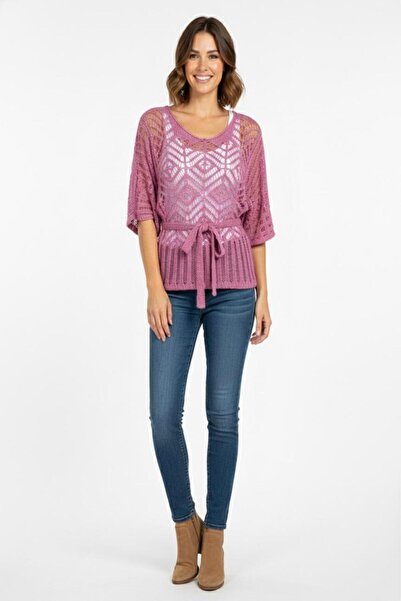 powermıxs Ajur Detaylı Bel Bağlamalı Kadın Triko Bluz &Yarasa Kol Rahat Kesim...