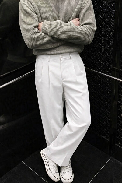 COMBİNE MİCHAİL Men's Wide Leg Loose White Baggy Trousers