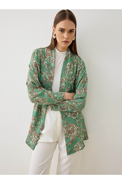 Refka Κιμονό από λινό ύφασμα με κουμπιά - Πράσινο με φλοράλ σχέδιο -