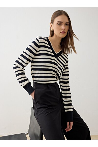 Refka Πλεκτό πουλόβερ με λαιμόκοψη V και ρίγες - Μπλε ναυτικό με ρίγες -