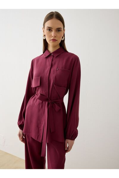 Refka طقم تونيك وبنطلون من قماش المودال مع تفاصيل حزام - أحمر كلاريت - - حصري