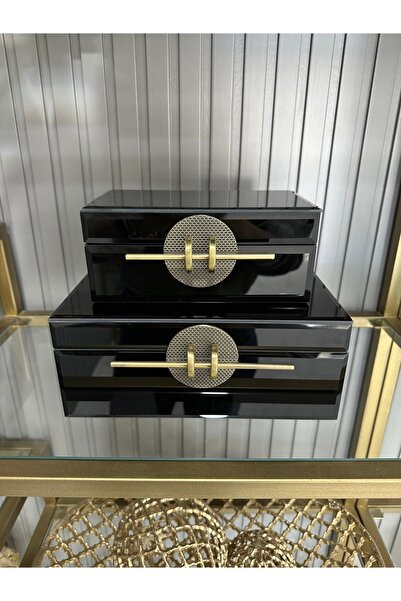 Erden Home Design 2’Lİ DEKORATİF CAM KUTU TAŞ SIYAH ÇUBUK DETAY